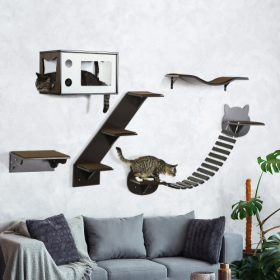 PawHut Cat Shelves With Ergonomically Curved Platform, Cozy Cat House, Bridge, Easy Stairs, And Flat Perch, Wall-Mounted Cat Tree Climbing Playgr (Color: Brown)